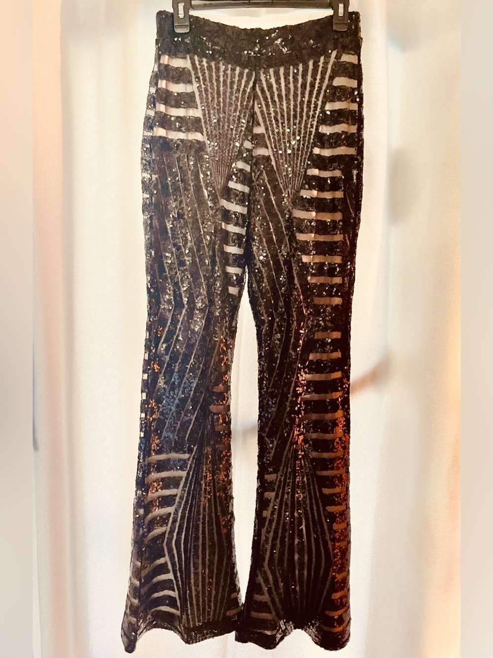 Geometric Sequin Flare Pants Black Nude Mesh Wide Leg Festival Large NWOT